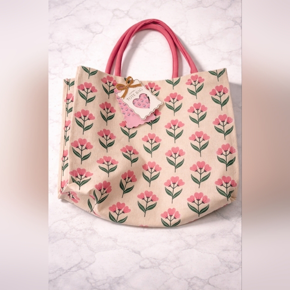 None Handbags - Pink Floral Tote Bag